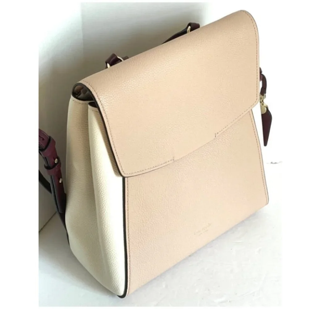 Kate Spade Grace Medium Backpack Beige Colorblock Leather Flap